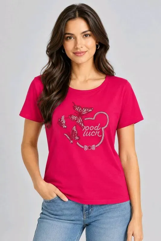 T-shirt Rose Fuchsia Strass 'Good Luck' - Coupe Femme