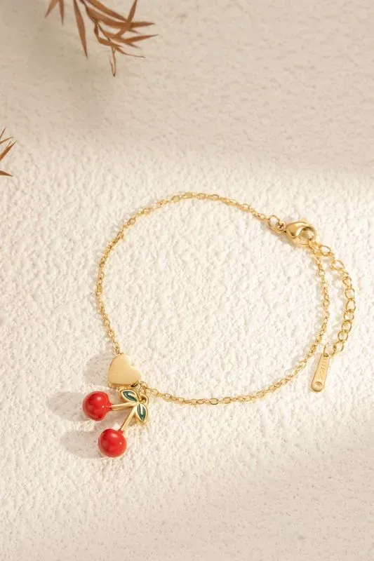 Bracelet ajustable cerise et cœur - acier inoxydable