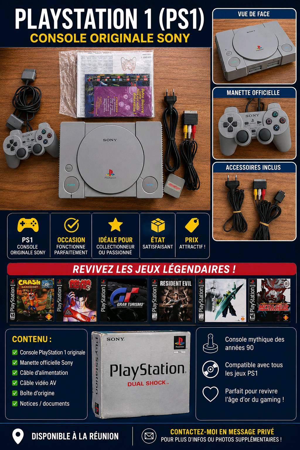 PlayStation 1 originale complète - manette DualShock, câbles et boîte