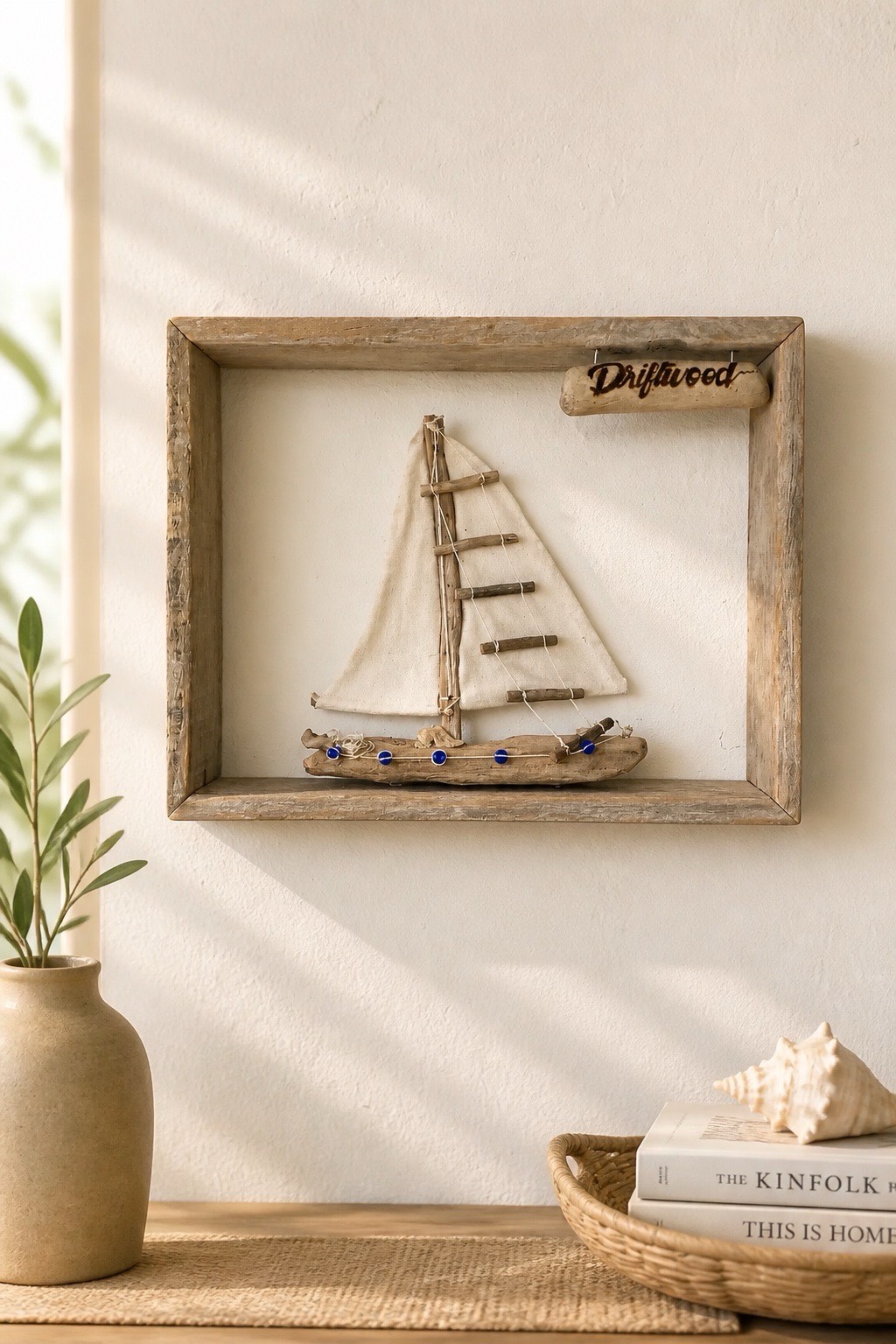 tableau àvec bateau a voile / bois flotté naturel