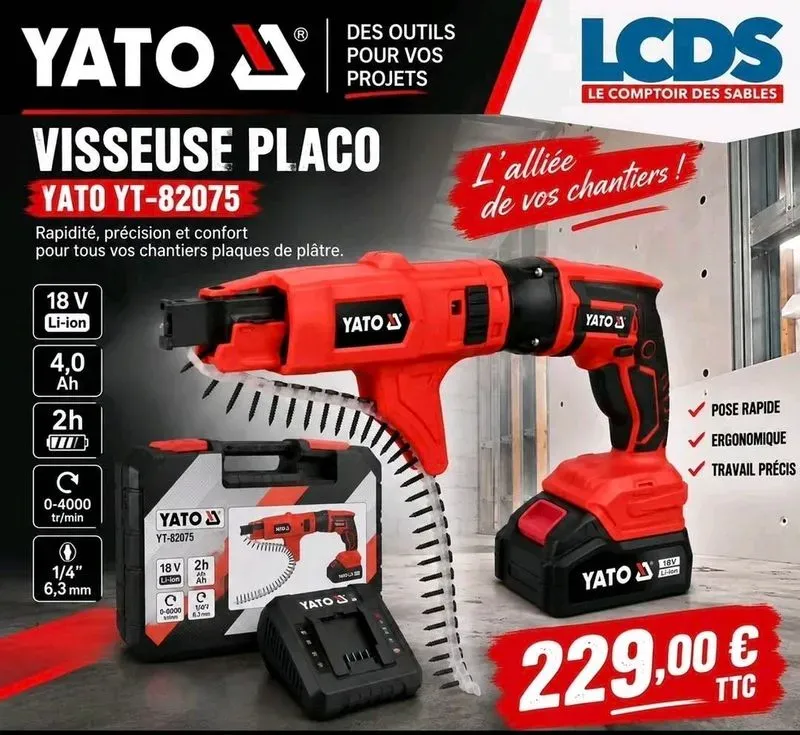 Visseuse à placo sans fil YATO 18 V – 4,0 Ah