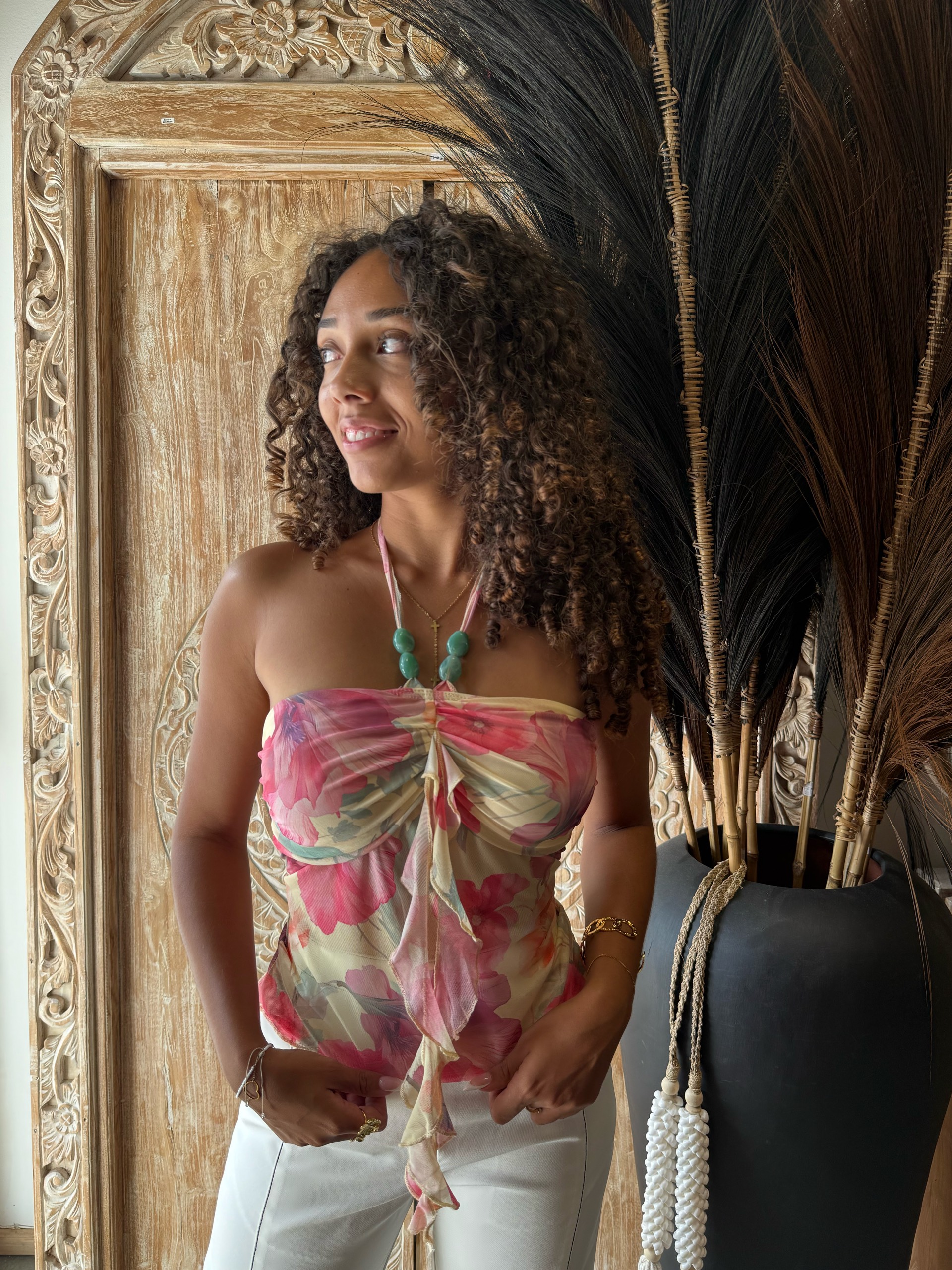 Top femme fleuri dos nu – col noué