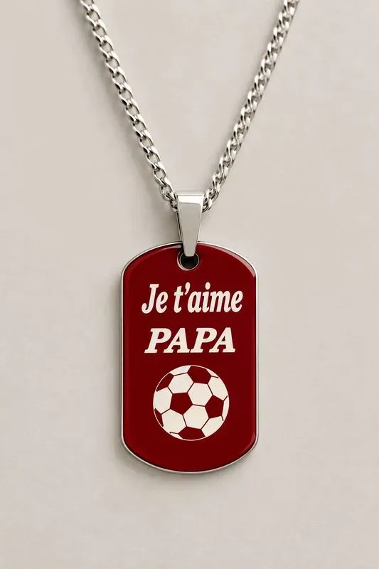 Pendentif chaîne en acier inoxydable Je t'aime Papa - Ballon de foot rouge et argent