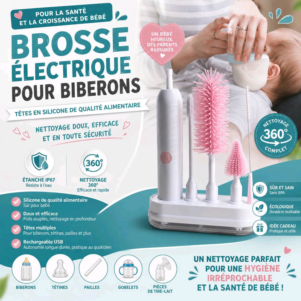 Brosse Électrique pour Biberons – Kit de Nettoyage Complet Rechargeable USB