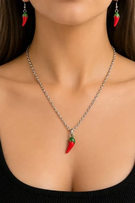 Collier plus boucle d'oreilles piment en acier inoxydable