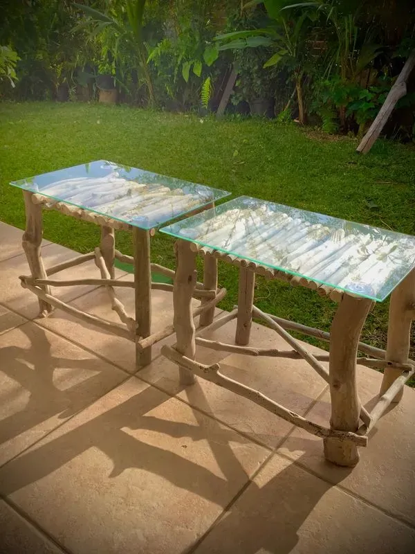 table de chevet x2 en bois flotté / verre