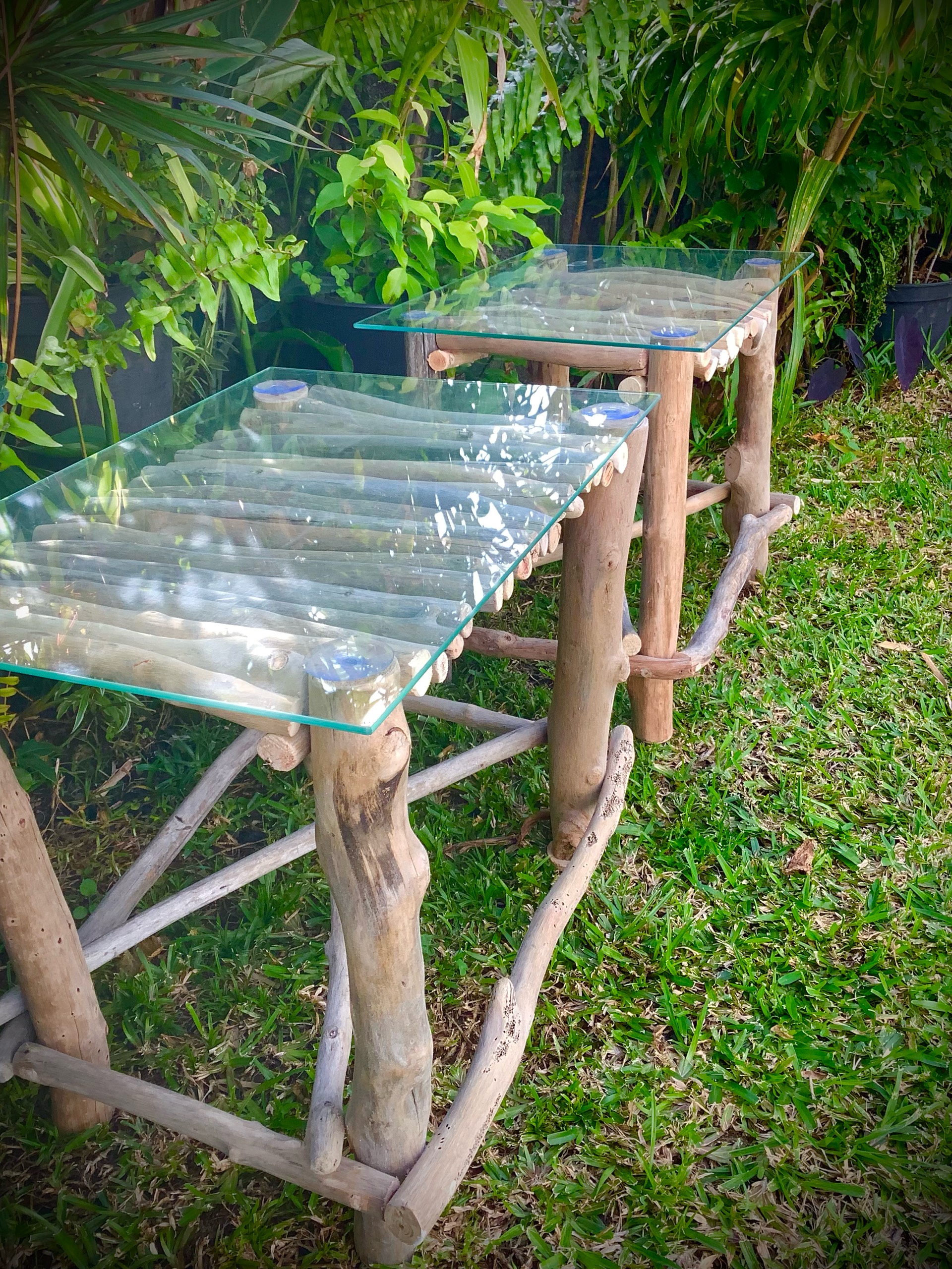 table de chevet x2 en bois flotté / verre — visuel 2