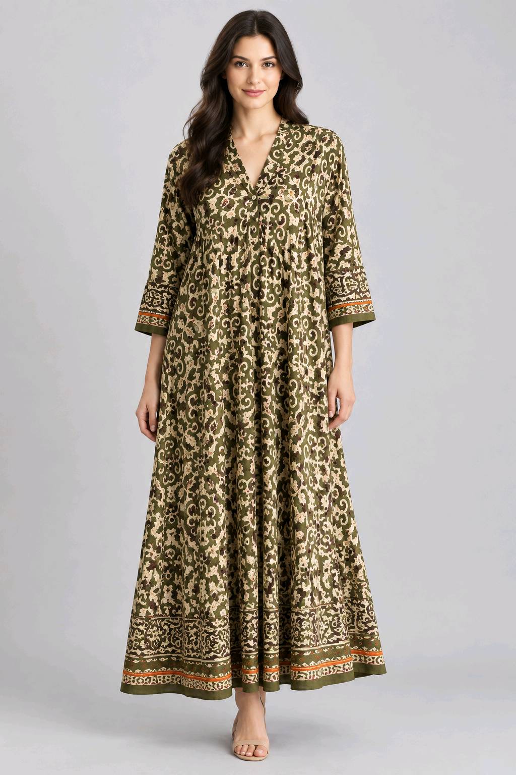 Robe longue ethnique imprimée dorée et kaki