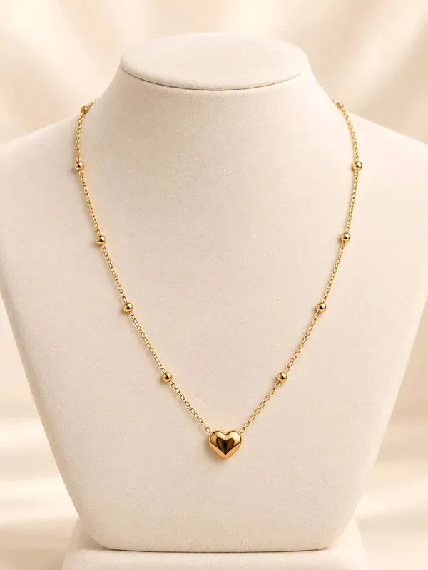 Collier Cœur en acier inoxydable doré avec Chaîne à Perles - Bijou Élégant Femme