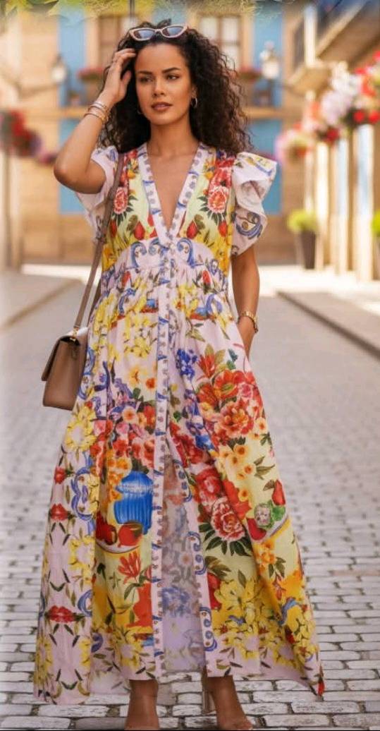 Robe longue bohème imprimé floral, col V, manches volantées
