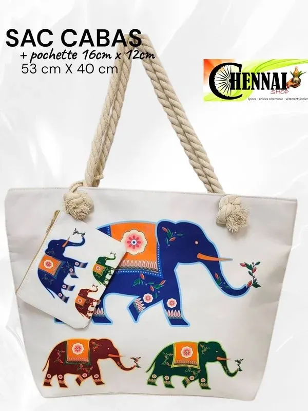 Cabas toile éléphants colorés avec pochette et anses corde