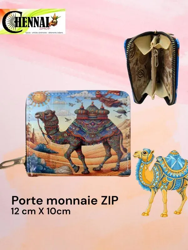 Porte-monnaie zippé chic indien motif chameau 12x10 cm