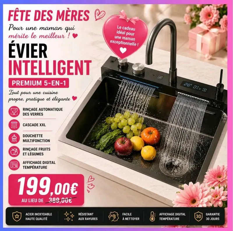 Évier Intelligent 5-en-1 Noir Mat – Double Cascade, Rince-Verres & Affichage Digital