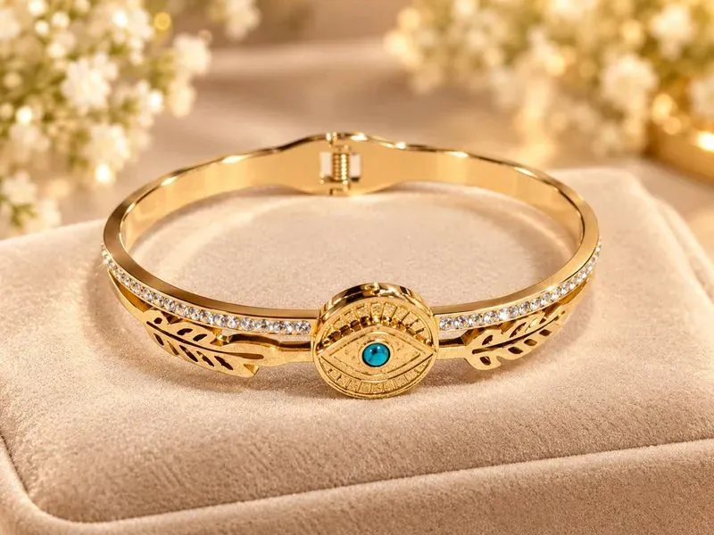 Bracelet Jonc acier inoxydable doré Oeil Turquoise et Cristaux - Bijou Femme Élégant
