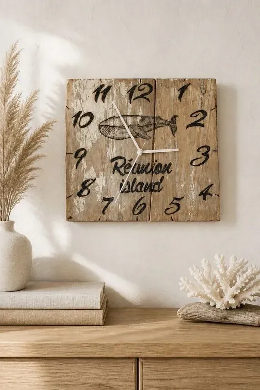 horloge mural en bois flotté brut gravée manuellement