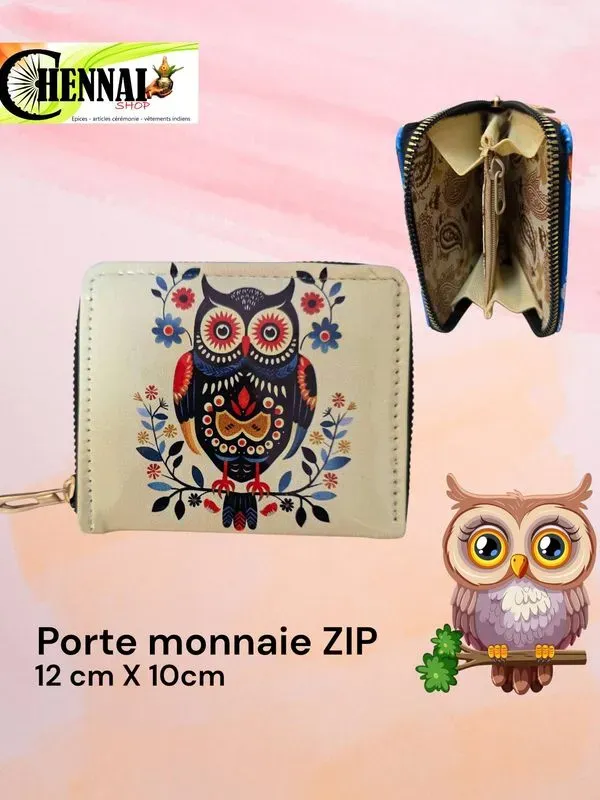 Porte-monnaie zippé compact 12 x 10 cm motif chouette colorée