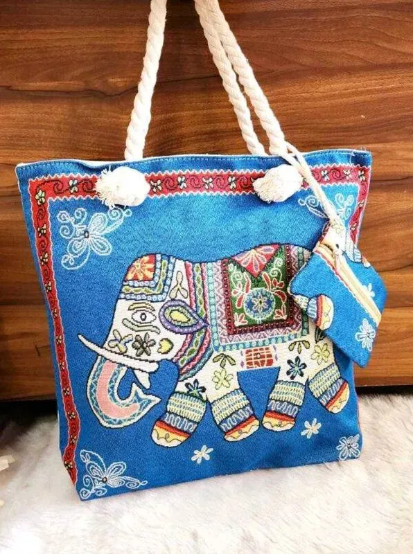 Cabas brodé éléphant - Bleu avec pochette