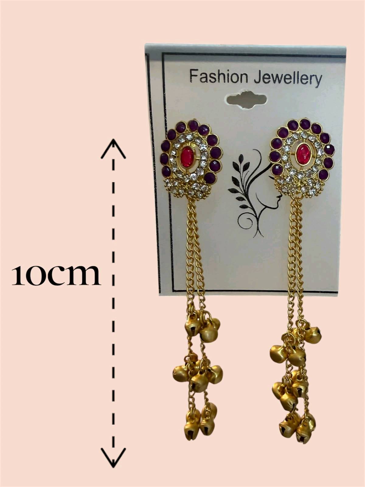 Boucles d'oreilles indiennes dorées 10 cm pierres violettes et grelots — visuel 2