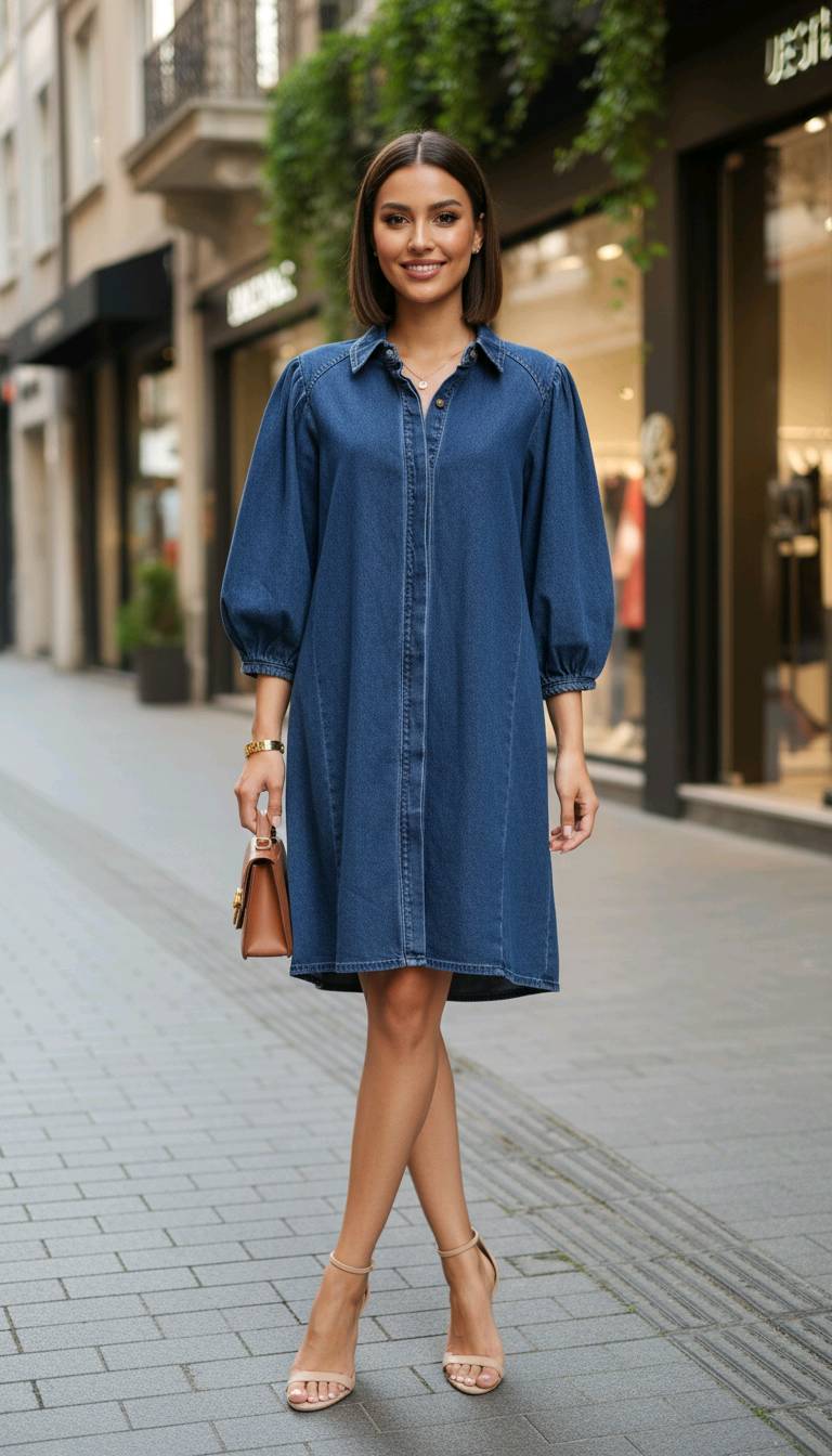 Robe chemise en jean élégante manches bouffantes
