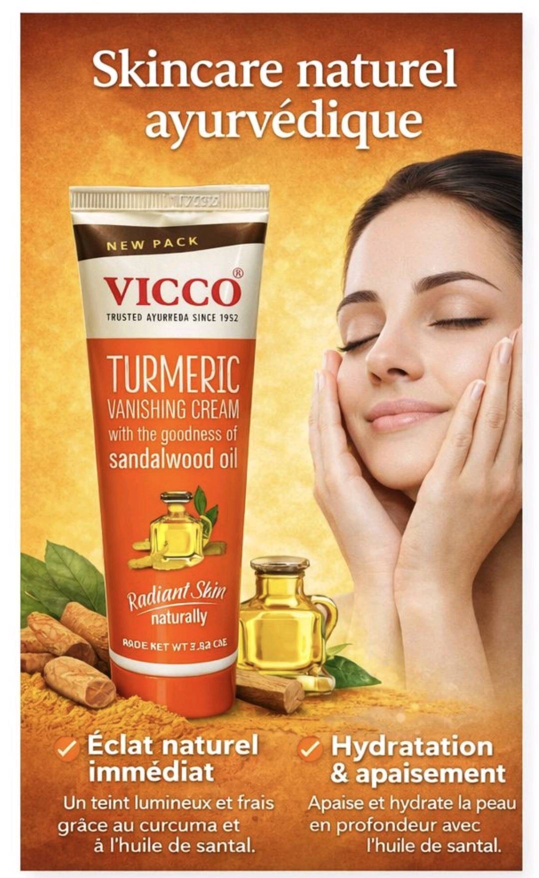 Vicco Turmeric Crème au curcuma et huile de santal - Éclat naturel 80gr