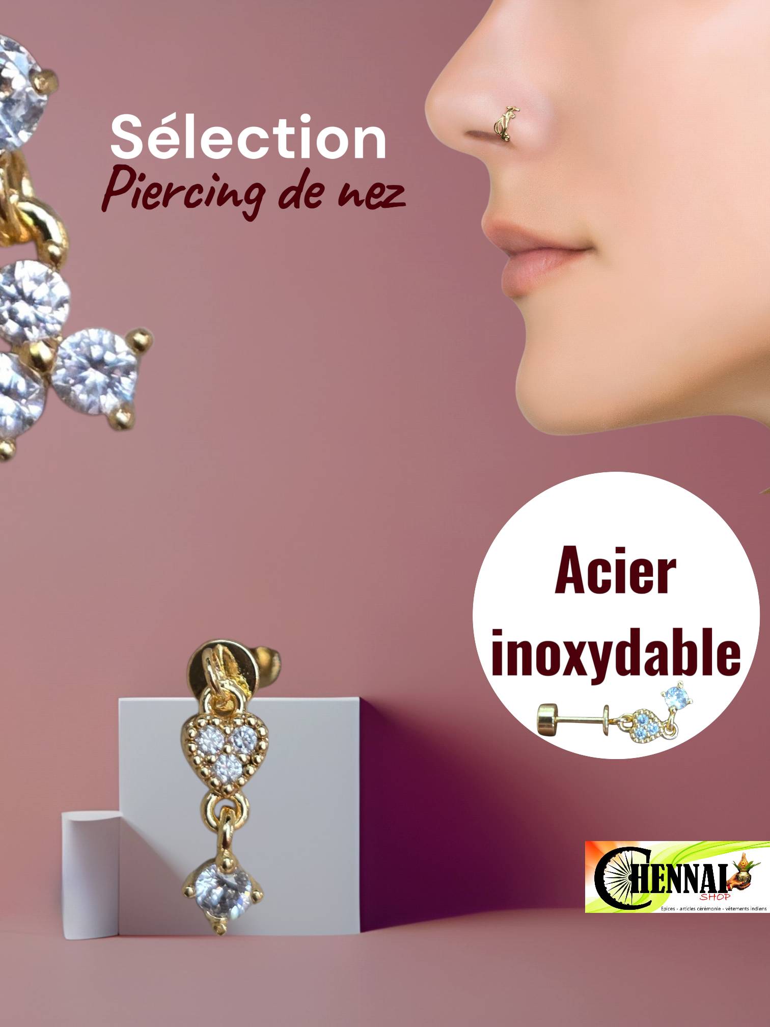 Piercing de nez coeur doré strass - acier inoxydable
