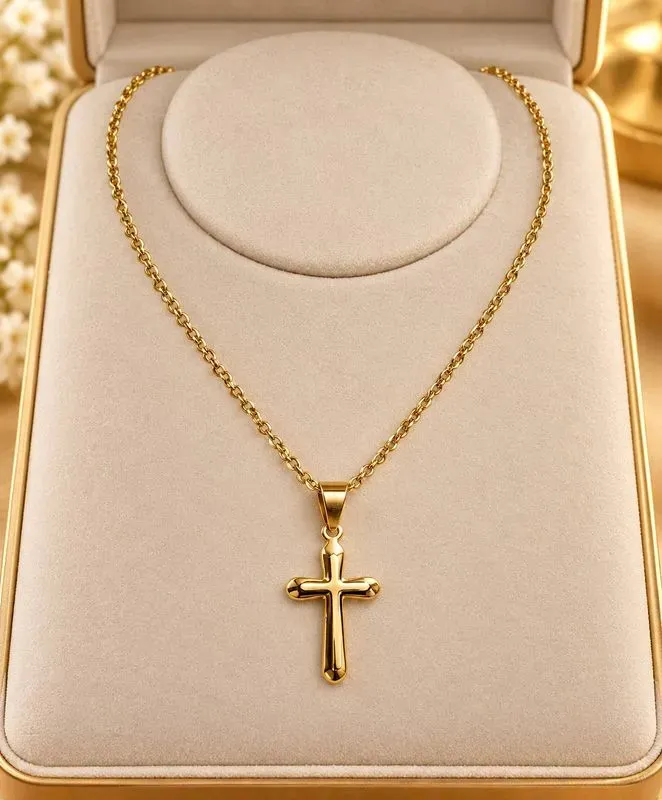 Collier croix en acier inoxydable dorée chaîne fine - bijou religieux élégant