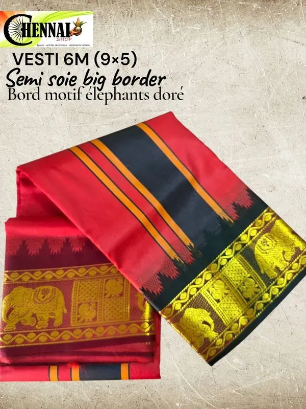 Vesti semi-soie 6m rouge large bordure dorée motif éléphants