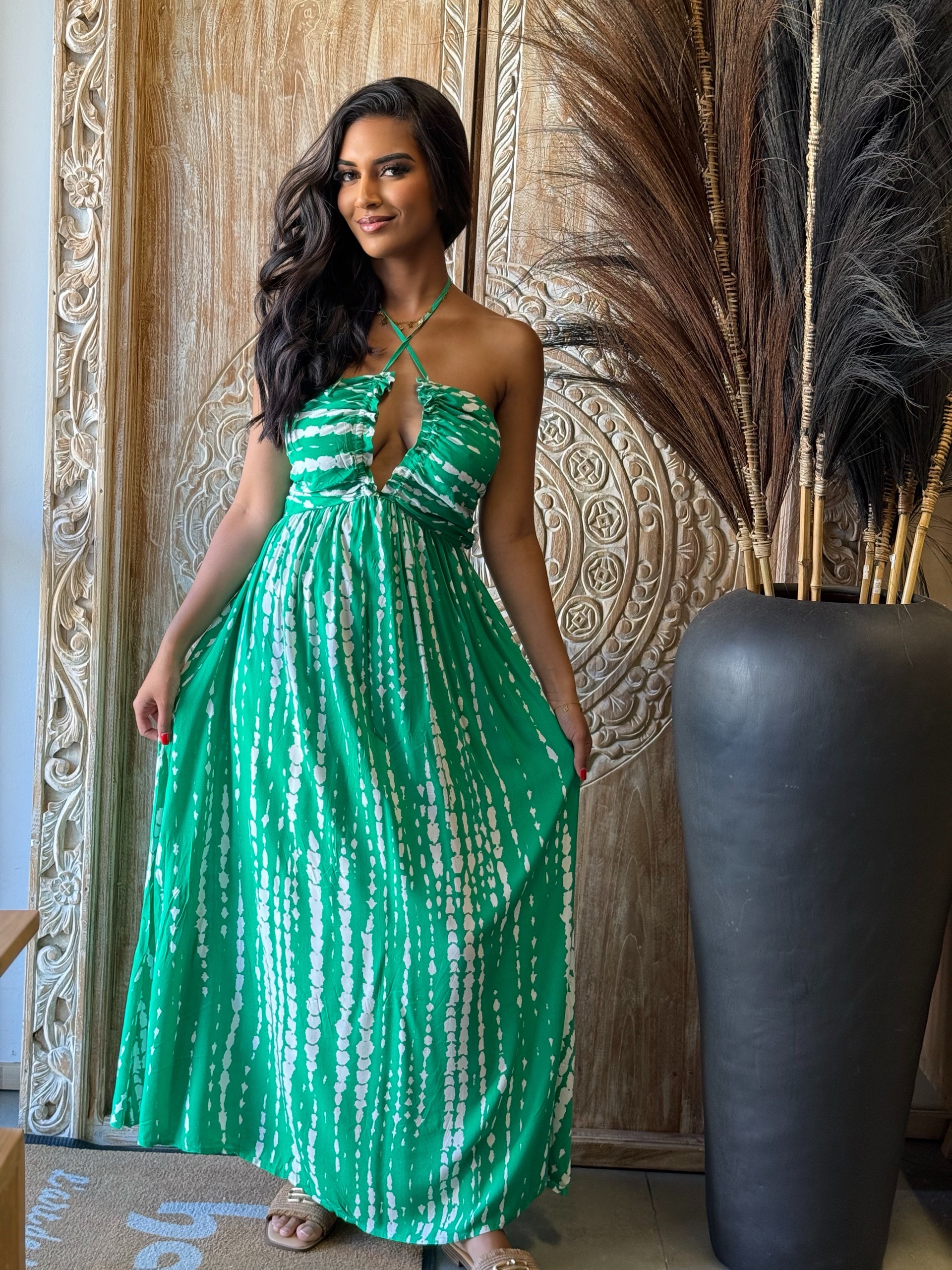 Robe longue verte tie-dye décolleté