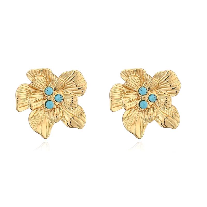 Boucles d'oreilles fleurs dorée et pierres turquoise
