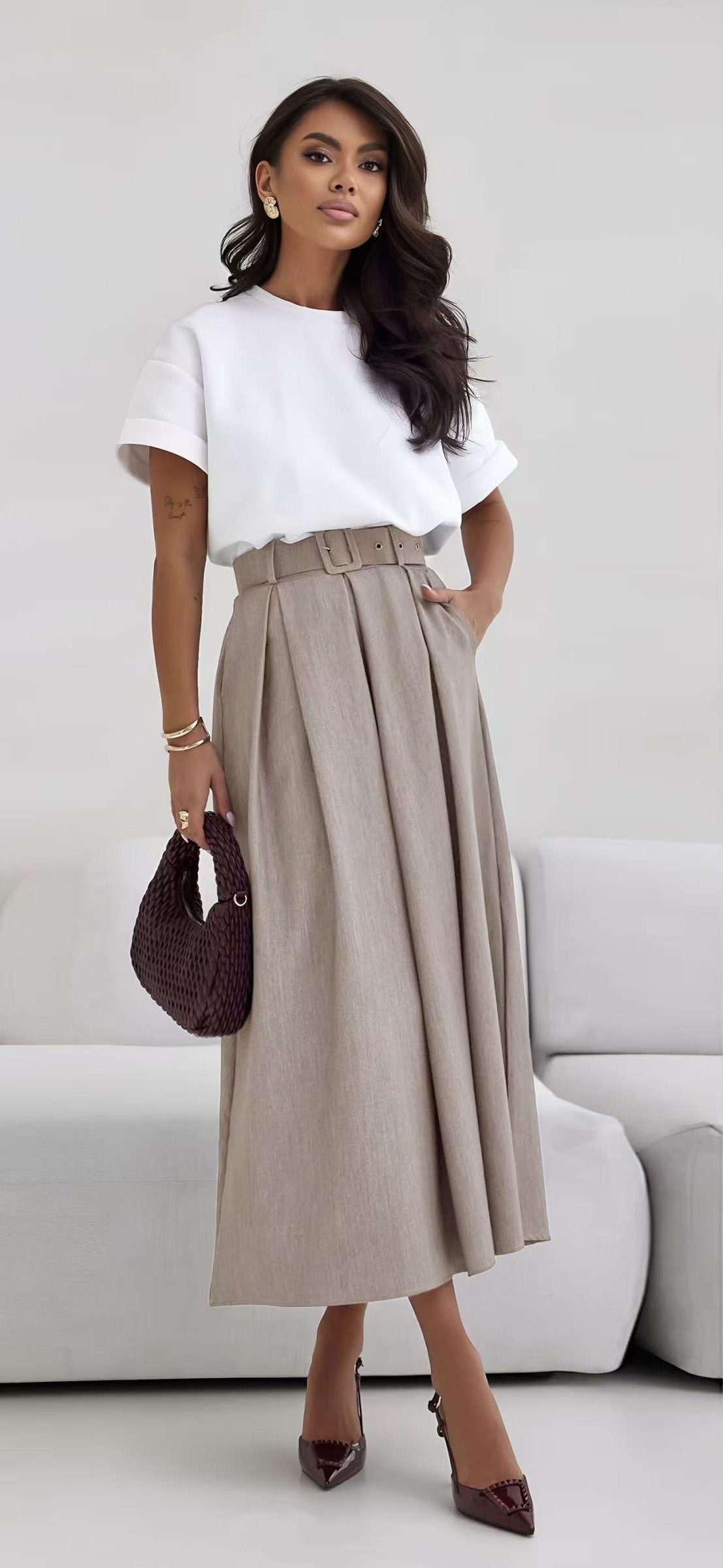 Jupe Longue Chic Evasée Avec Ceinture