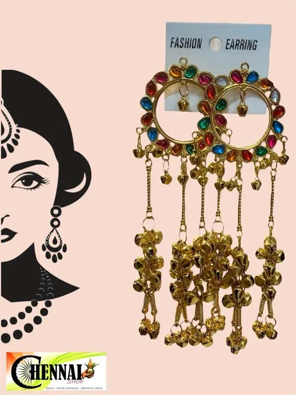 Boucles d'oreilles jhumka indiennes dorées 14 cm pierres multicolores