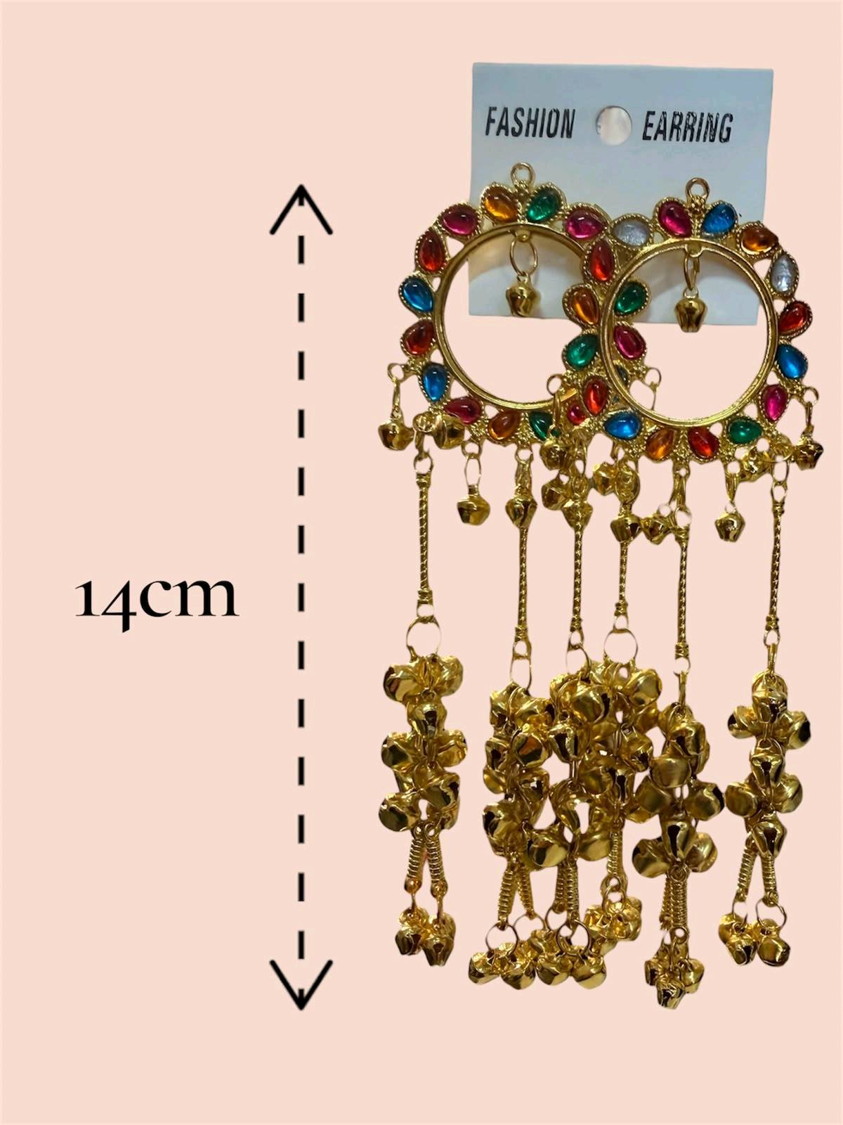 Boucles d'oreilles jhumka indiennes dorées 14 cm pierres multicolores — visuel 2