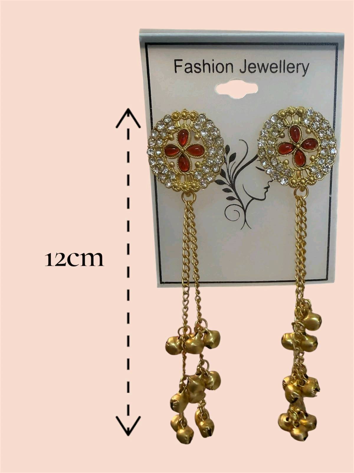 Boucles d'oreilles indiennes longues dorées 12 cm strass et grelots — visuel 2