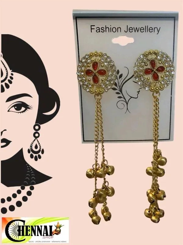 Boucles d'oreilles indiennes longues dorées 12 cm strass et grelots