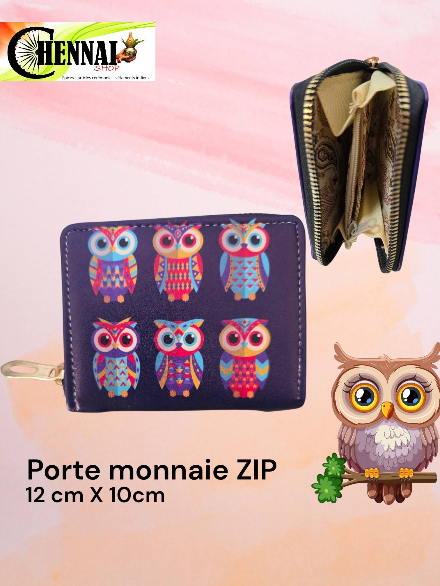 Porte-monnaie zippé motif chouettes colorées 12 x 10 cm