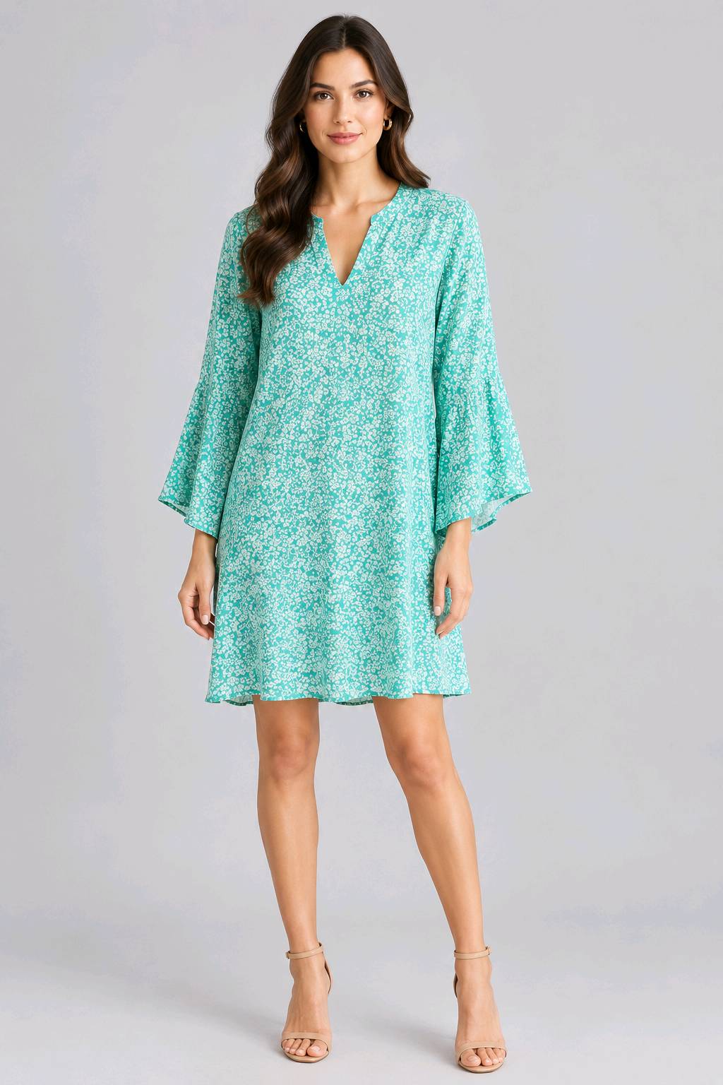 Robe tunique imprimée fleurs turquoise manches 3/4