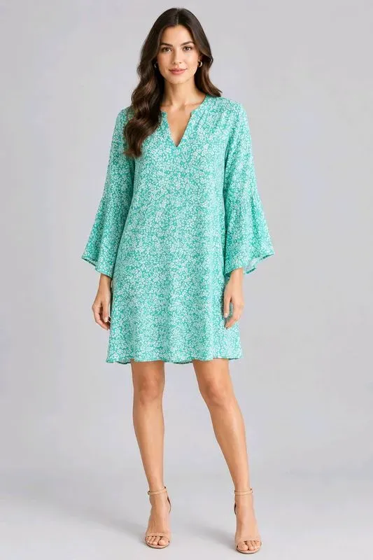 Robe tunique imprimée fleurs turquoise manches 3/4