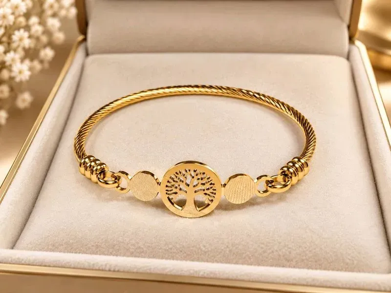 Bracelet jonc doré arbre de vie avec perles - bijou acier inoxydable