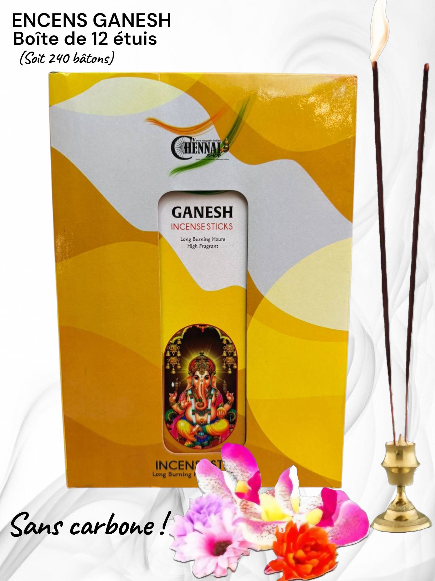 Encens Ganesh sans carbone 240 bâtons - longue combustion, parfum délicat