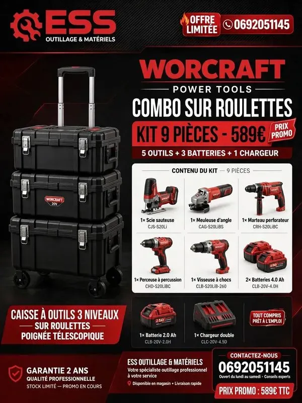 chariot + 5 outils + 3 batteries et chargeur double — visuel 1