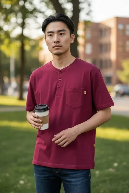 T-shirt Henley Bordeaux Unisexe Coton, Indiquez votre taille et la couleur souhaitée — visuel 2