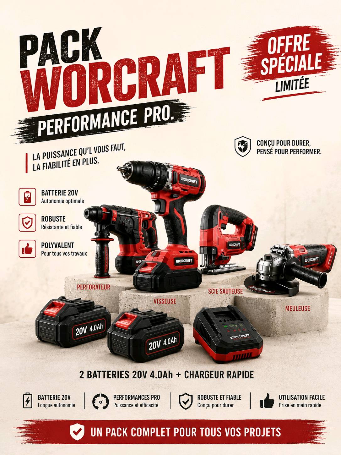 pack 4 outils + 2 batterie + chargeur 