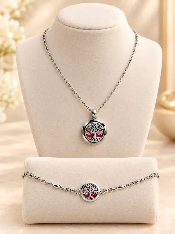 Ensemble Collier et Bracelet Arbre de Vie - Acier Inoxydable diffuseur de parfum.