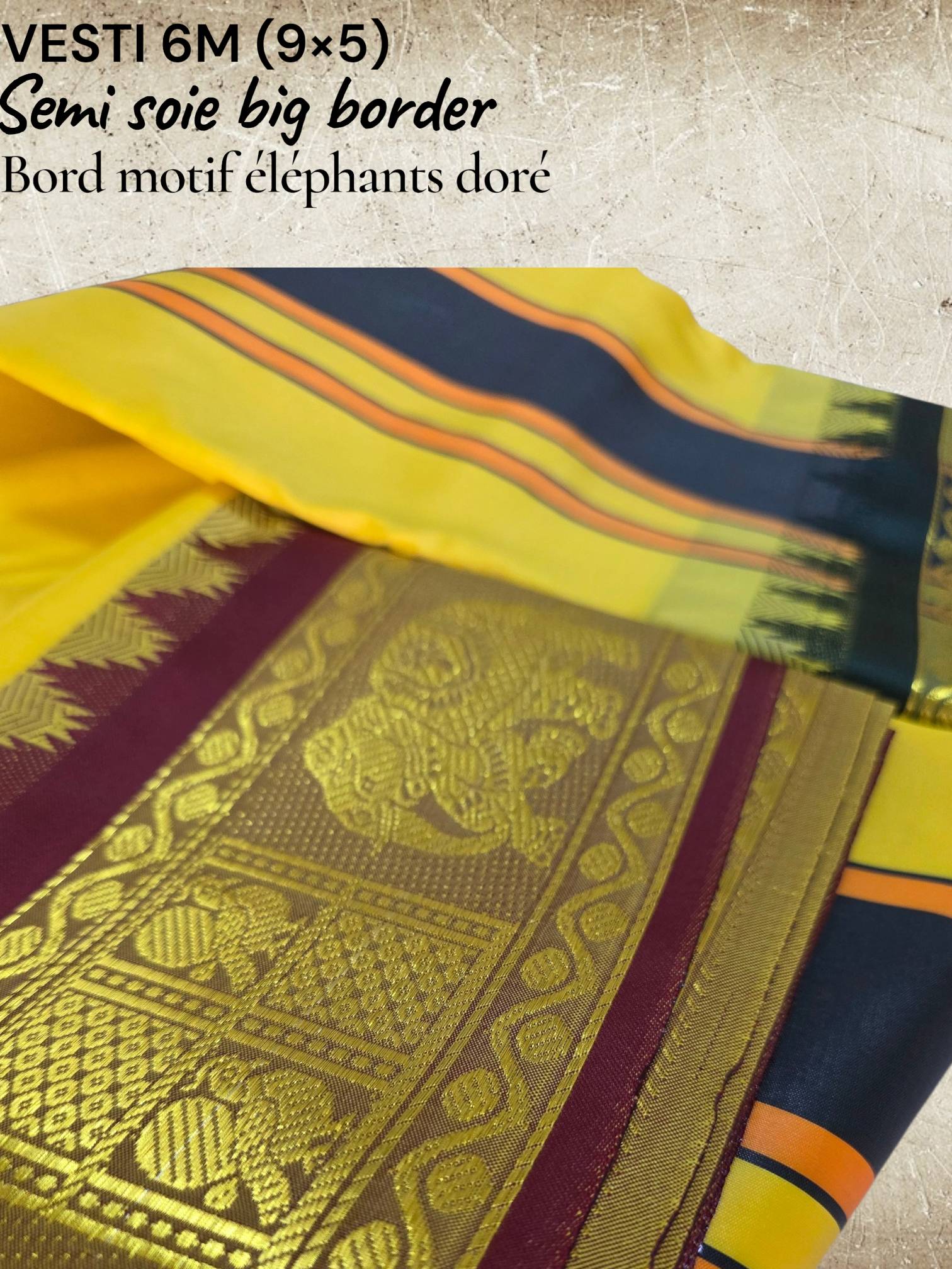 Vesti semi-soie jaune bord doré motif éléphants — visuel 2