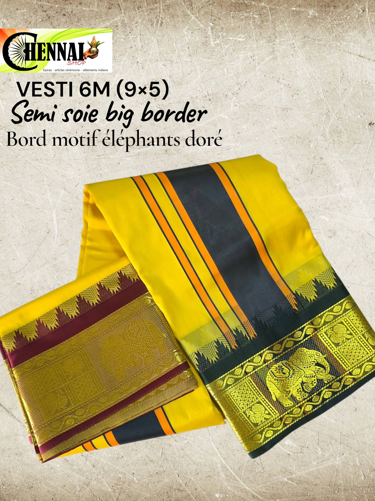 Vesti semi-soie jaune bord doré motif éléphants
