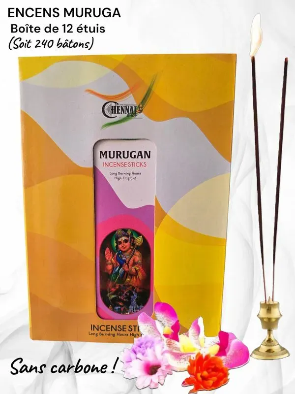 Encens Murugan premium sans carbone - boite de 12 étuis 240 bâtons