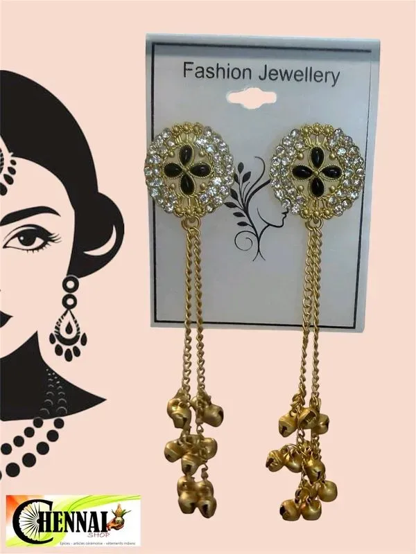 Boucles d'oreilles longues indiennes dorées strass et grelots 12 cm