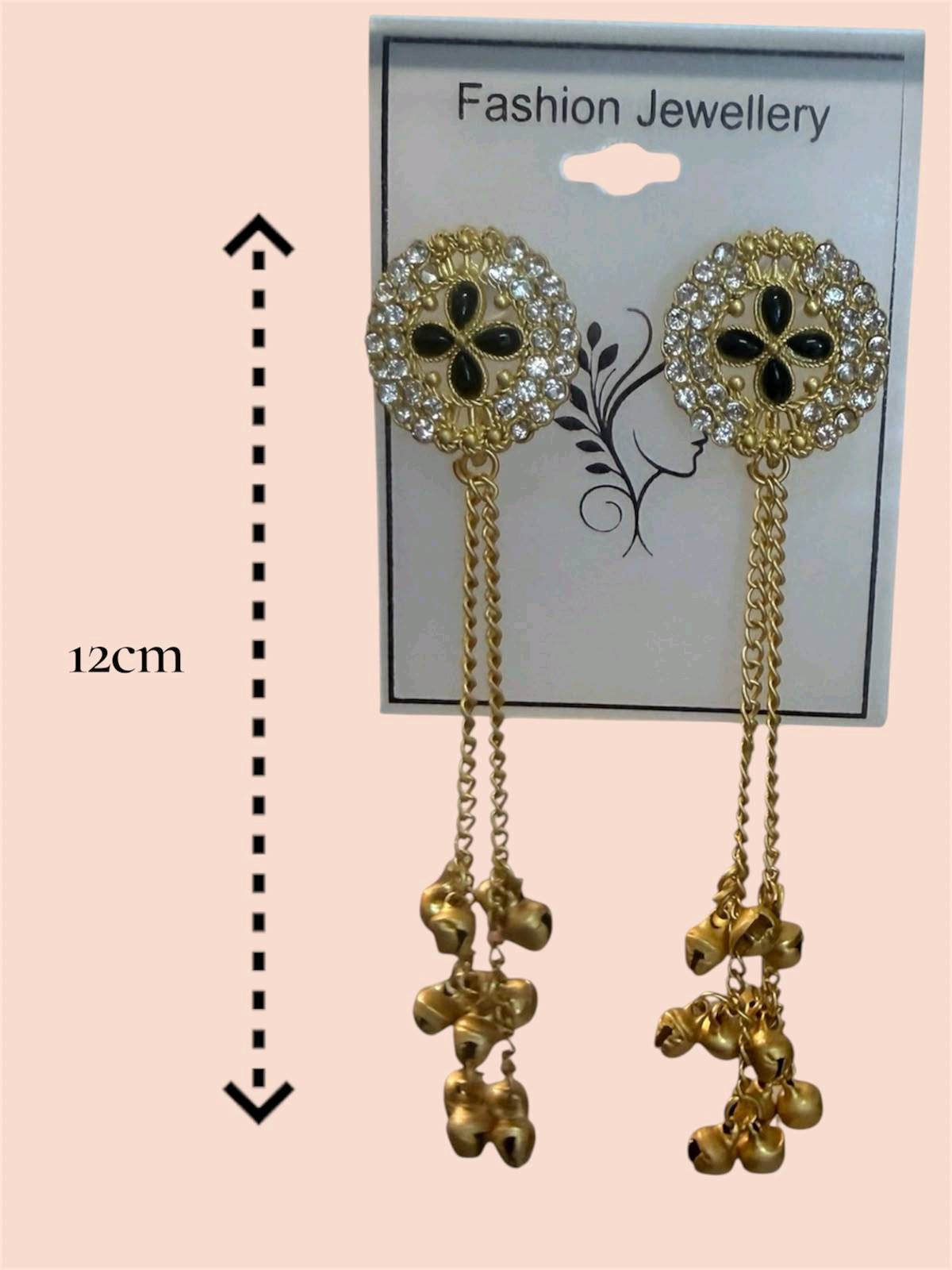 Boucles d'oreilles longues indiennes dorées strass et grelots 12 cm — visuel 2