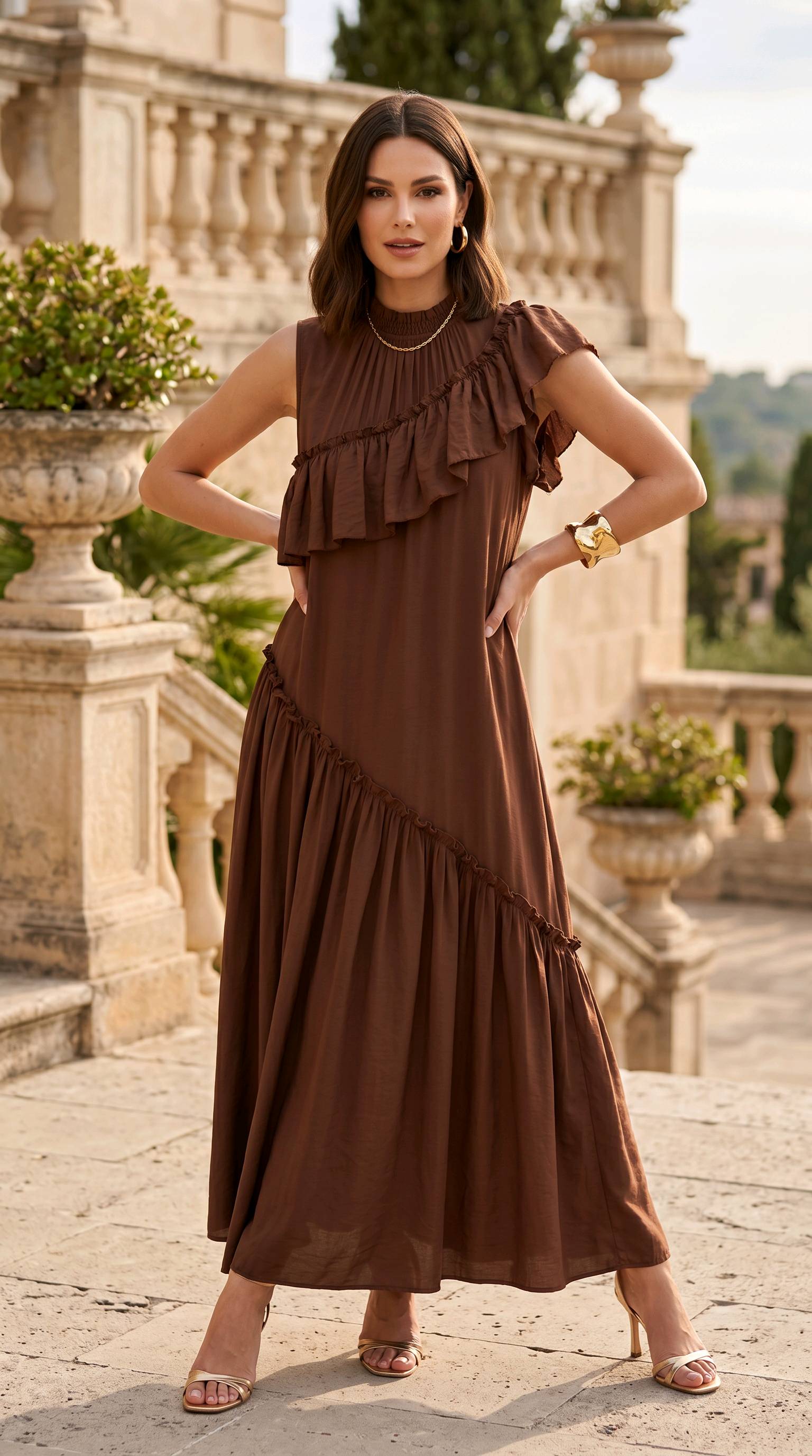 Robe longue volantée col smocké
