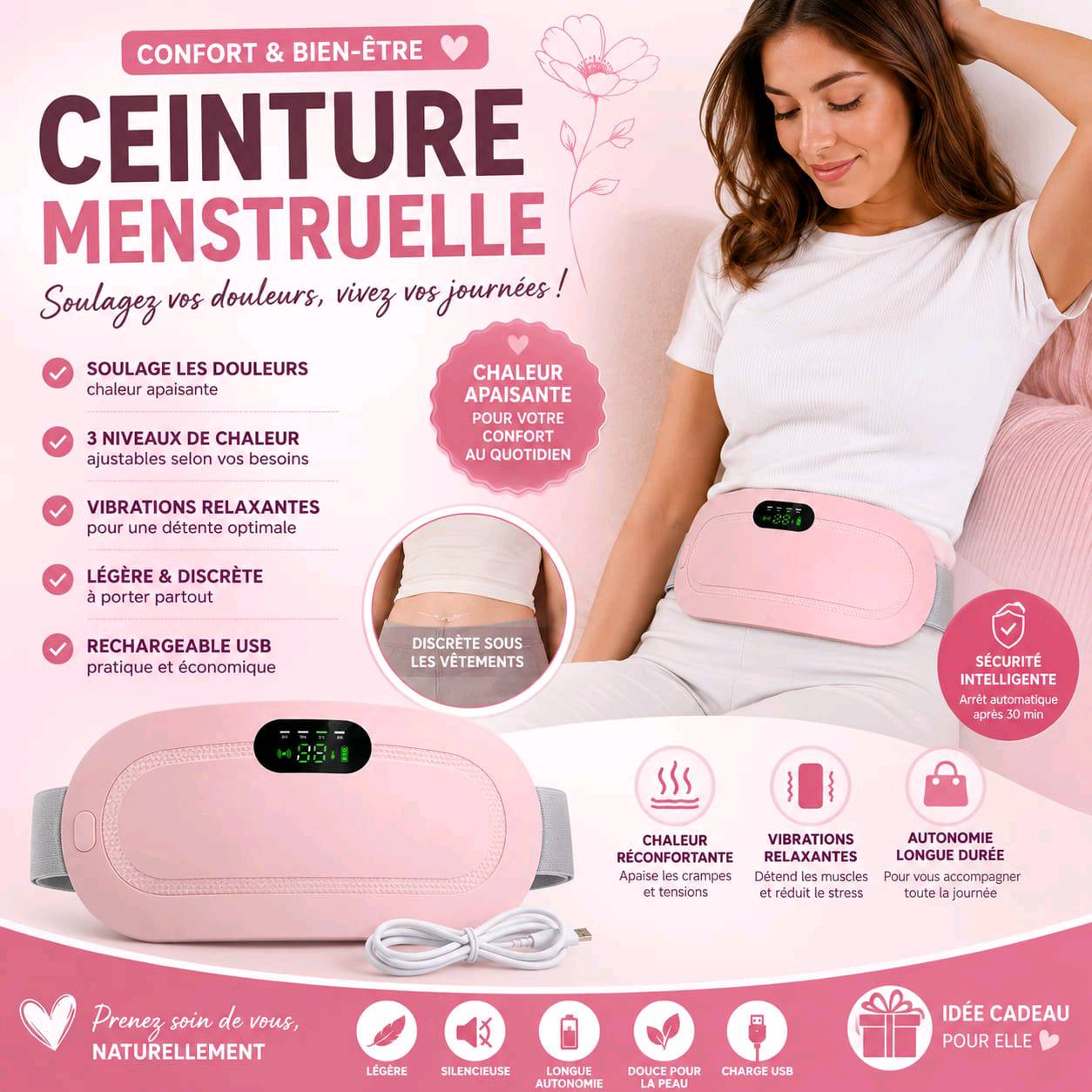 Ceinture Menstruelle Chauffante Rechargeable USB | Soulagement des Crampes